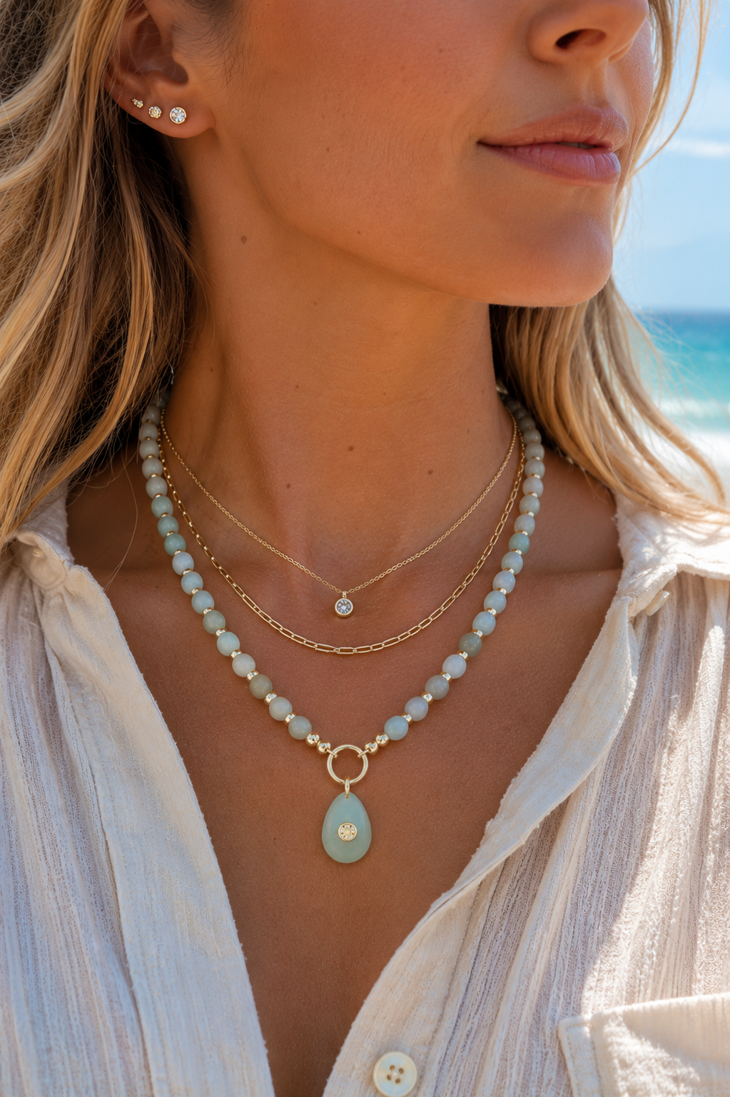 Seafoam Drop Beaded Necklace